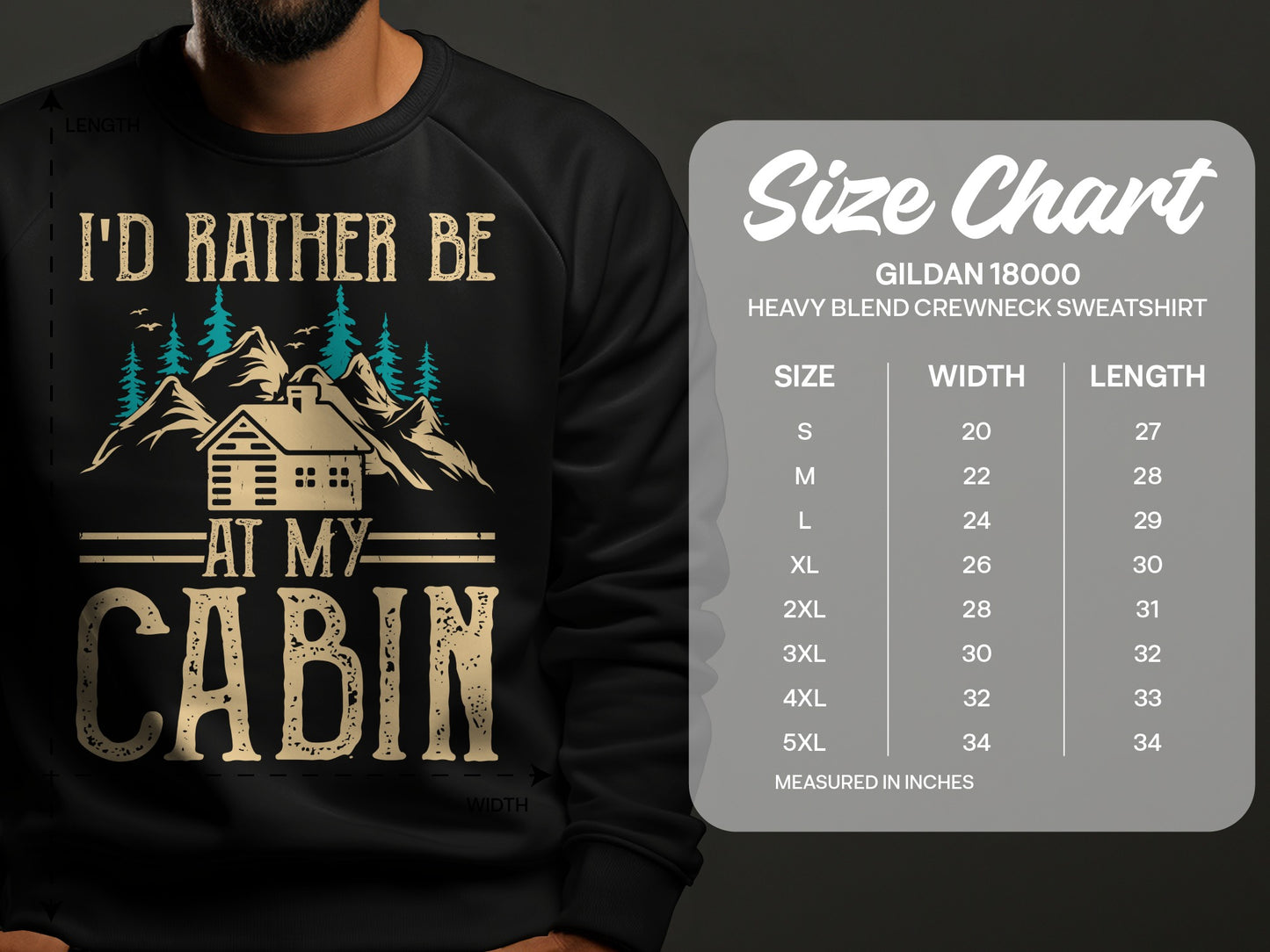 Black sweatshirt with "I'd Rather Be At My Cabin" graphic and Gildan size chart.