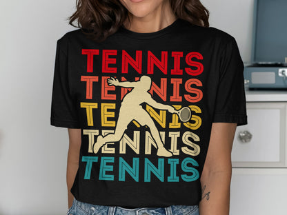 Black t-shirt with "TENNIS" repeated in red, orange, yellow, and teal.
