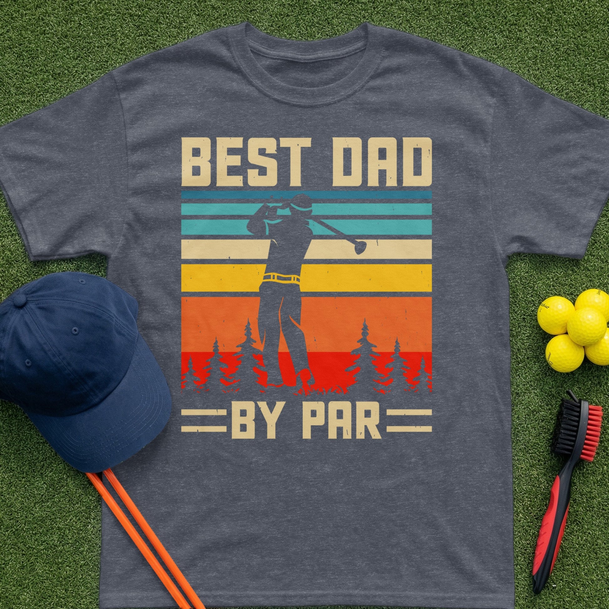 Dark grey t-shirt with "BEST DAD BY PAR" text and a golfer graphic.