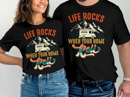 Black t-shirts with "Life Rocks When Your Home Roll" camper graphic.