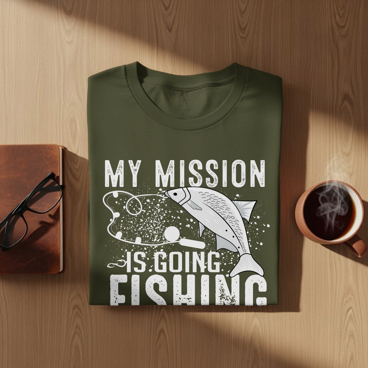 Olive green t-shirt with "My Mission Is Going Fishing" text and fish graphic.