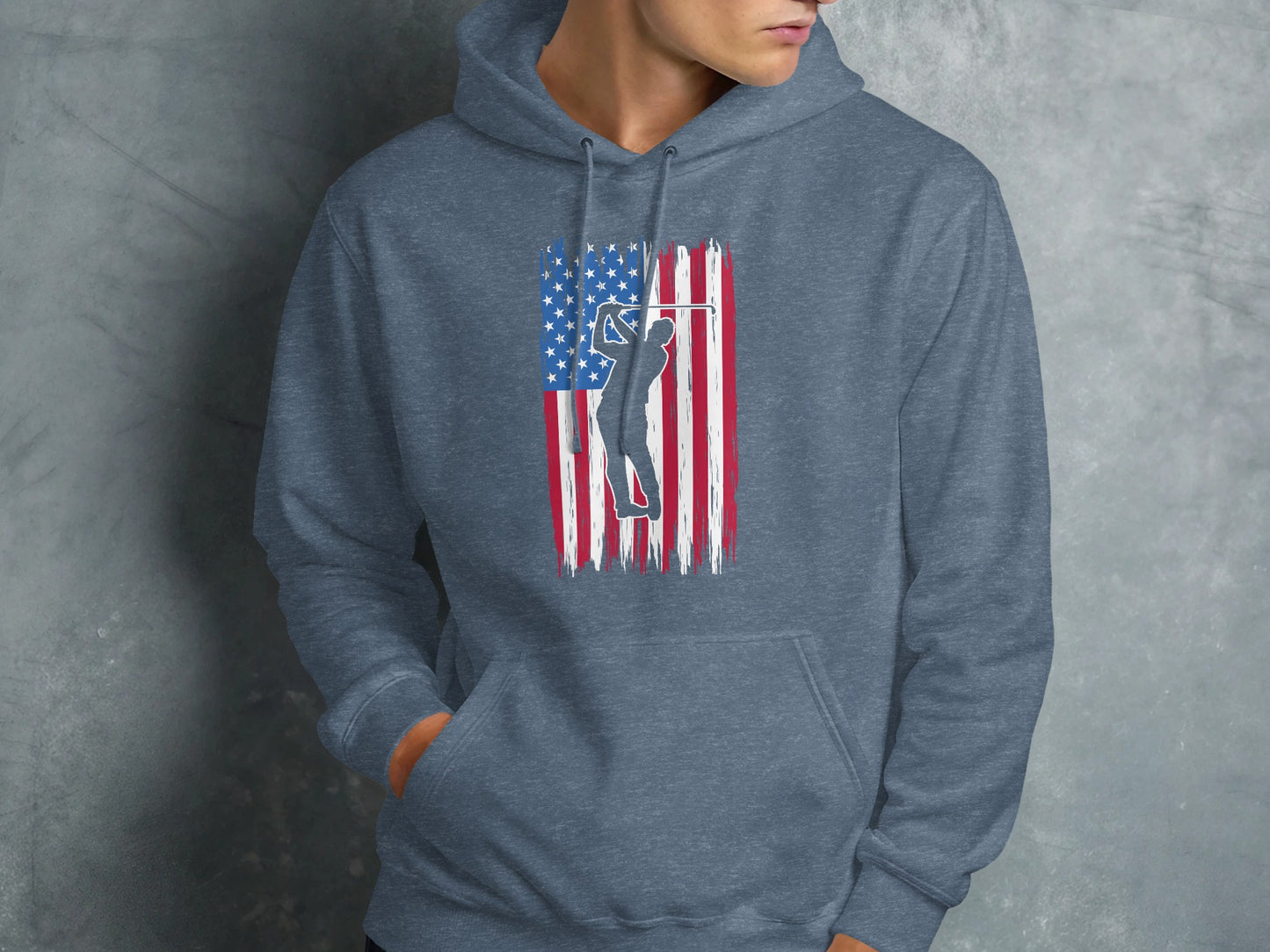 Hoodie with distressed American flag and golfer graphic.