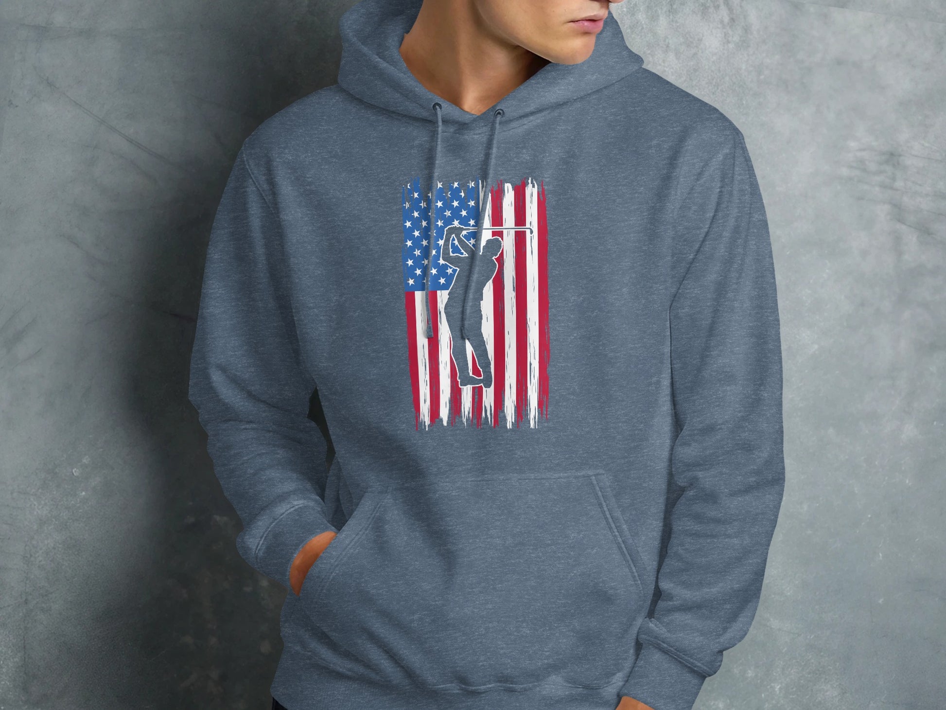 Hoodie with distressed American flag and golfer graphic.