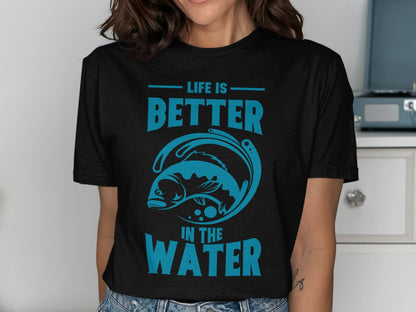 Black t-shirt with "Life is better in the water" and fish graphic.