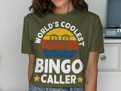 Green t-shirt with "World's Coolest Bingo Caller" text and bingo balls.