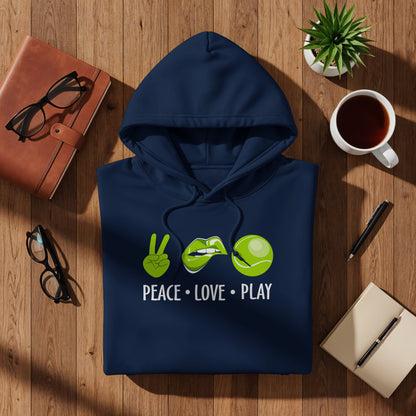 Navy hoodie with green "PEACE LOVE PLAY" text and tennis ball design.