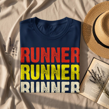 Navy t-shirt with "RUNNER RUNNER RUNNER" in red, yellow, and red text.