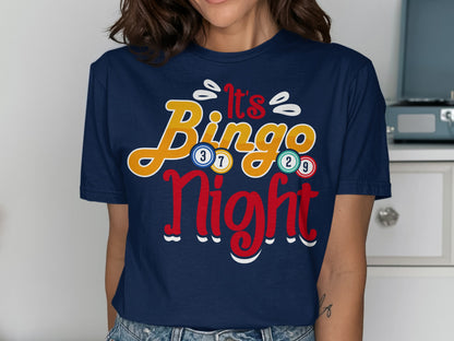 It's Bingo Night text with bingo balls on a navy blue t-shirt.