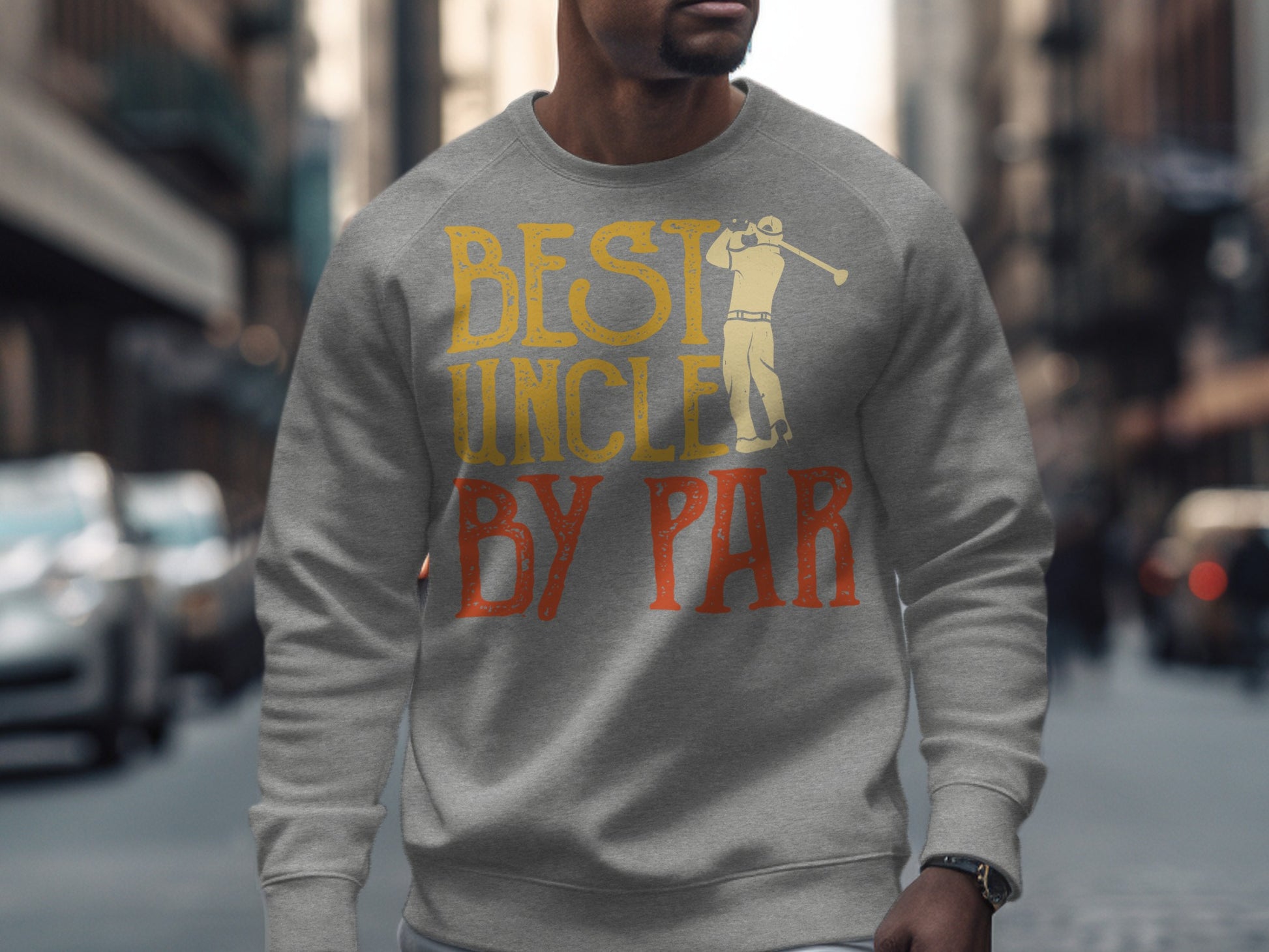 Grey sweatshirt with "BEST UNCLE BY PAR" text and golfer graphic.