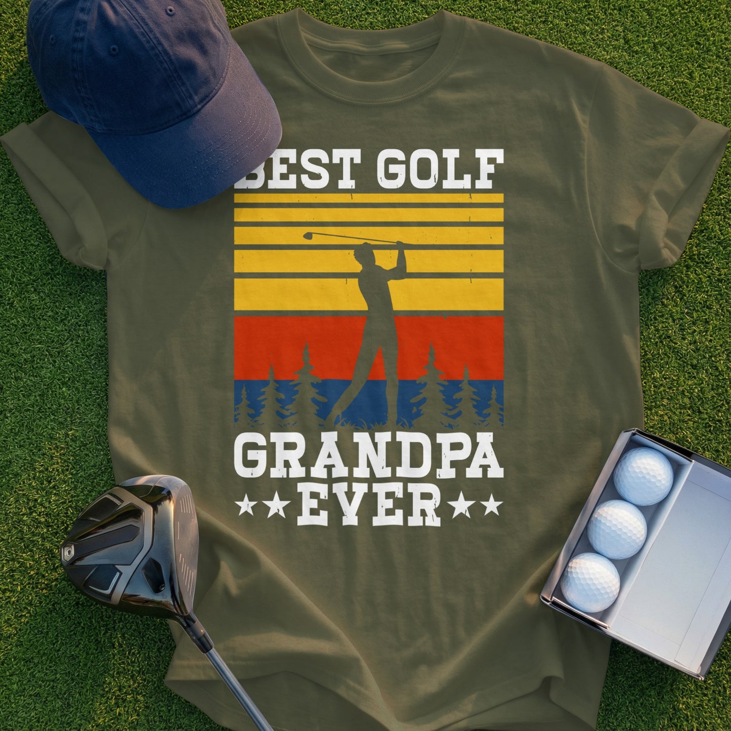 Olive green t-shirt with "Best Golf Grandpa Ever" text and a golfer silhouette.