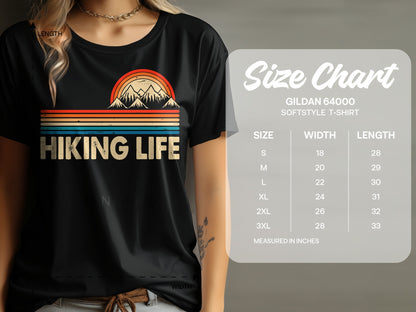 Black t-shirt with "Hiking Life" graphic and size chart.