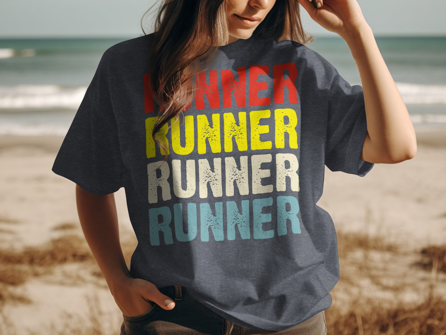 Navy t-shirt with "RUNNER" in red, yellow, and blue distressed lettering.