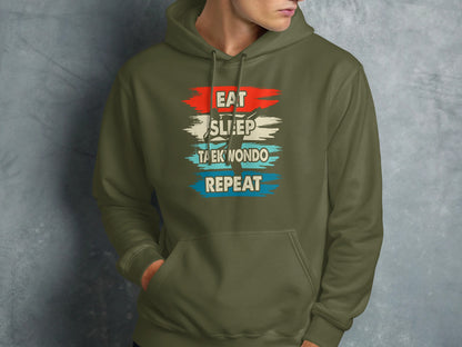 Green hoodie with "Eat Sleep Taekwondo Repeat" text in red, white, and blue.