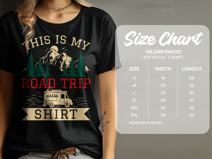 T-shirt with "This Is My Road Trip Shirt" graphic, next to a size chart.
