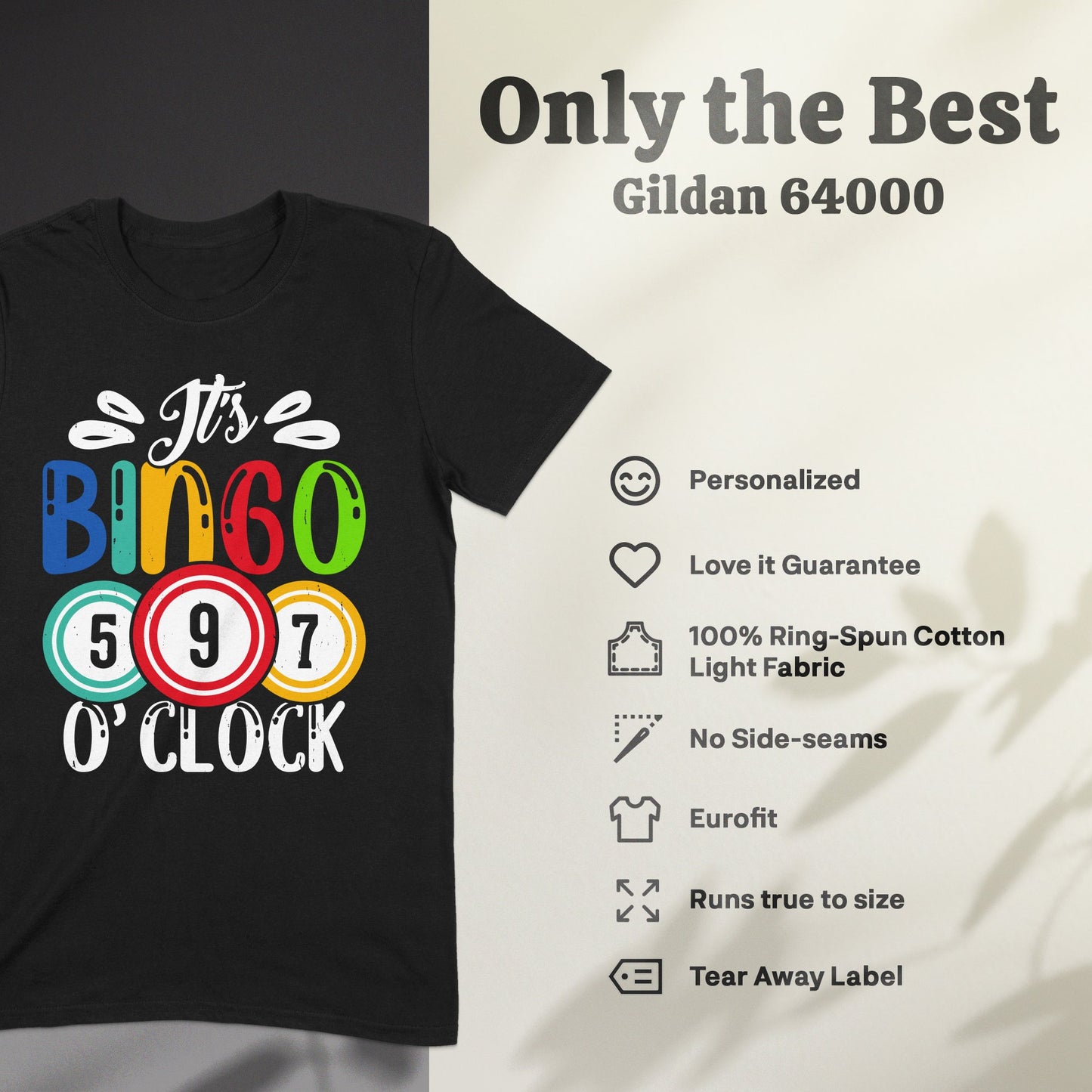 Black t-shirt with "It's Bingo O'Clock" and bingo balls graphic.