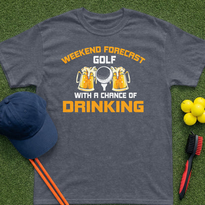 Golf t-shirt with beer mugs and "Weekend Forecast: Golf With a Chance of Drinking" text.
