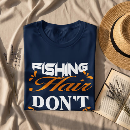 Navy t-shirt with "FISHING Hair DON'T" text, straw hat, and lavender.
