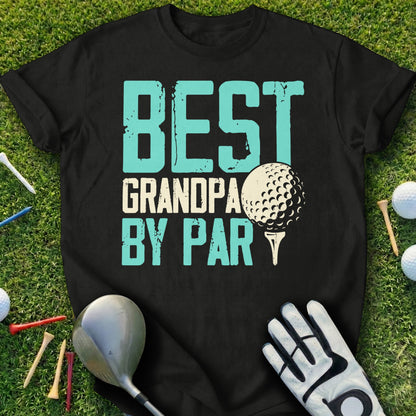 Black t-shirt with "BEST GRANDPA BY PAR" in turquoise and white text, golf ball graphic.