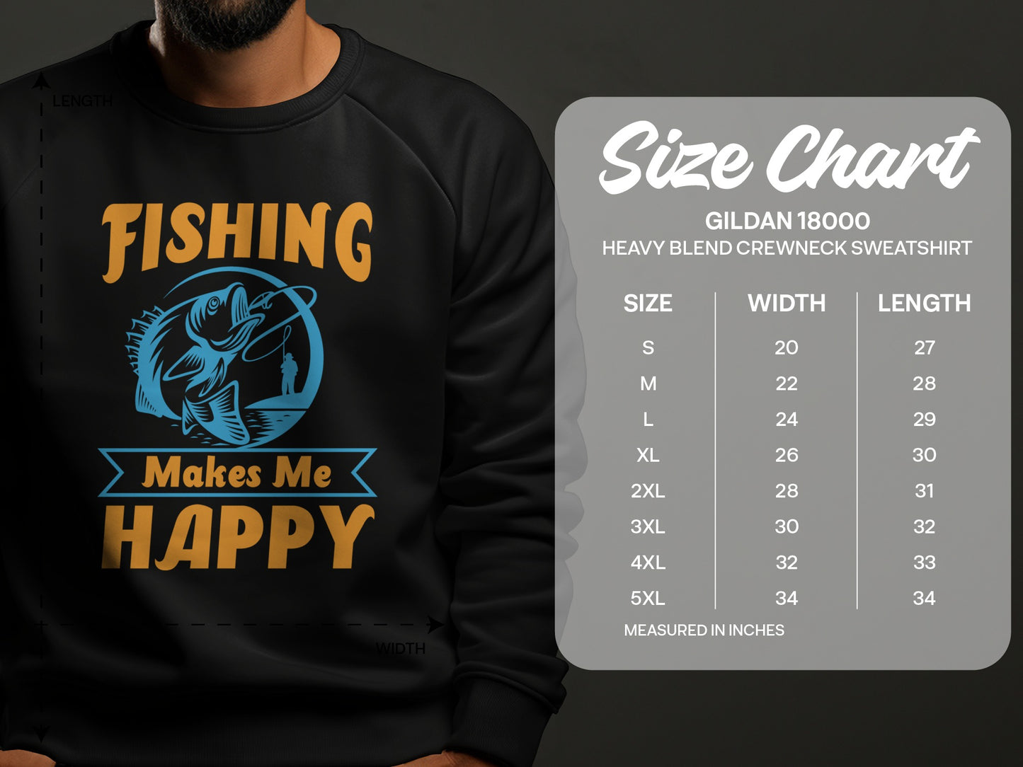 Black Gildan sweatshirt with fishing graphic and size chart.