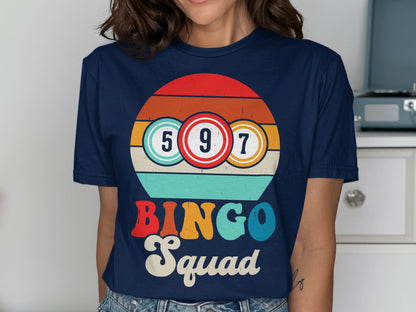 Navy t-shirt with "Bingo Squad" and bingo balls design.