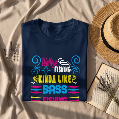Navy t-shirt with "Walleye Fishing Kinda Like Fishing" text and colorful accents.