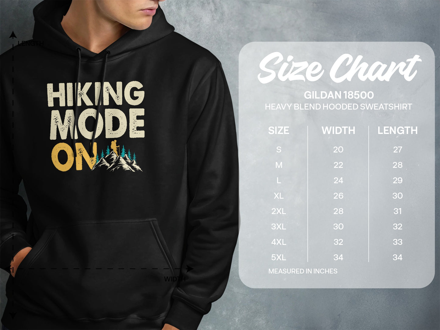 Gildan 18500 hoodie size chart with hiking graphic.