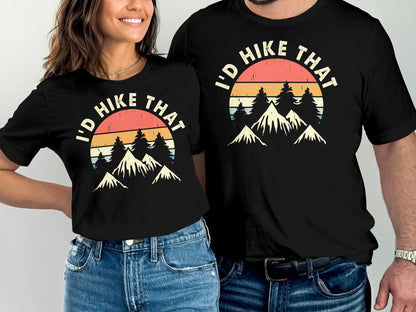 Matching black t-shirts with "I'd Hike That" text and mountain sunset design.