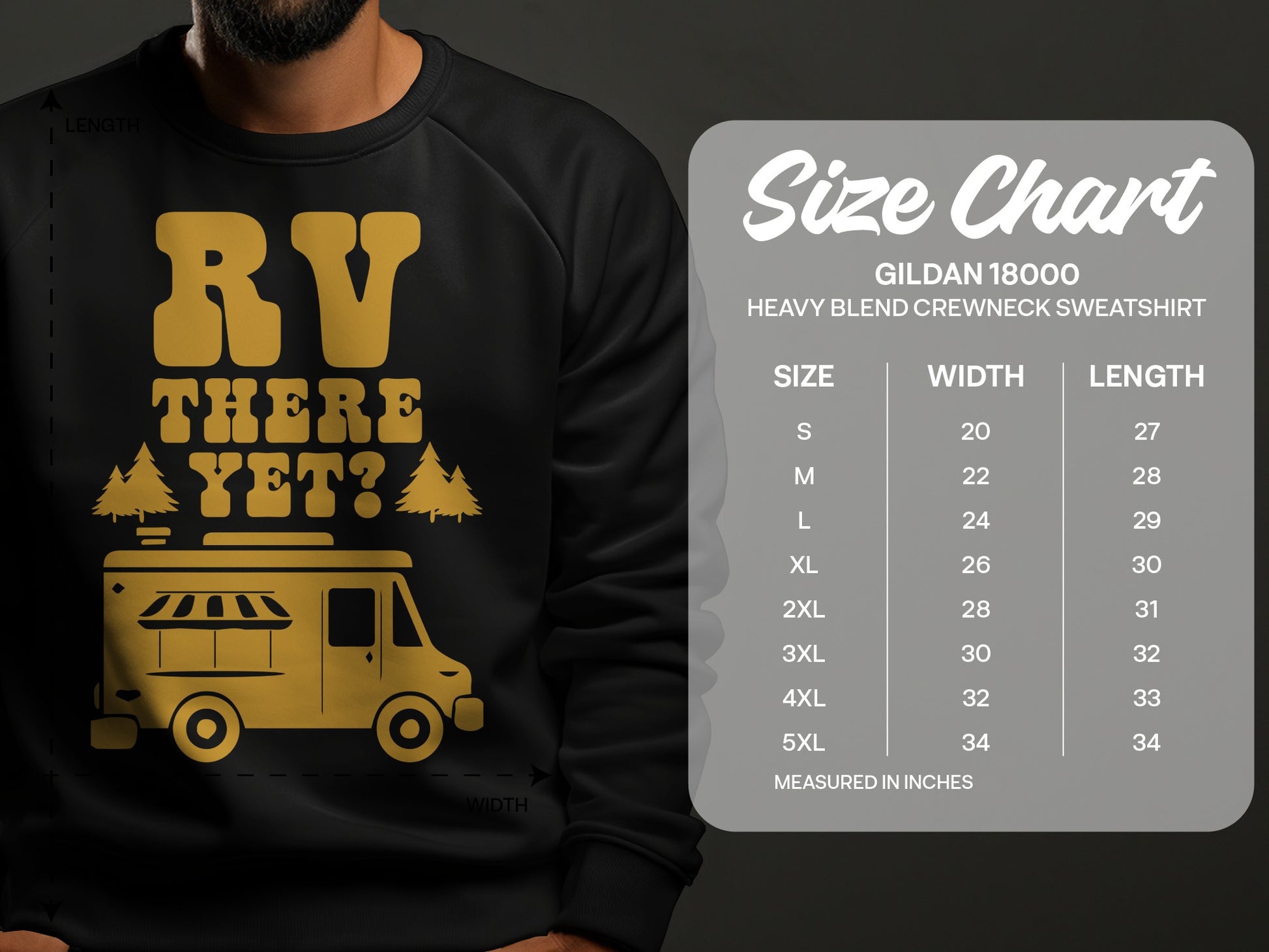 Gildan 18000 sweatshirt size chart with RV graphic.