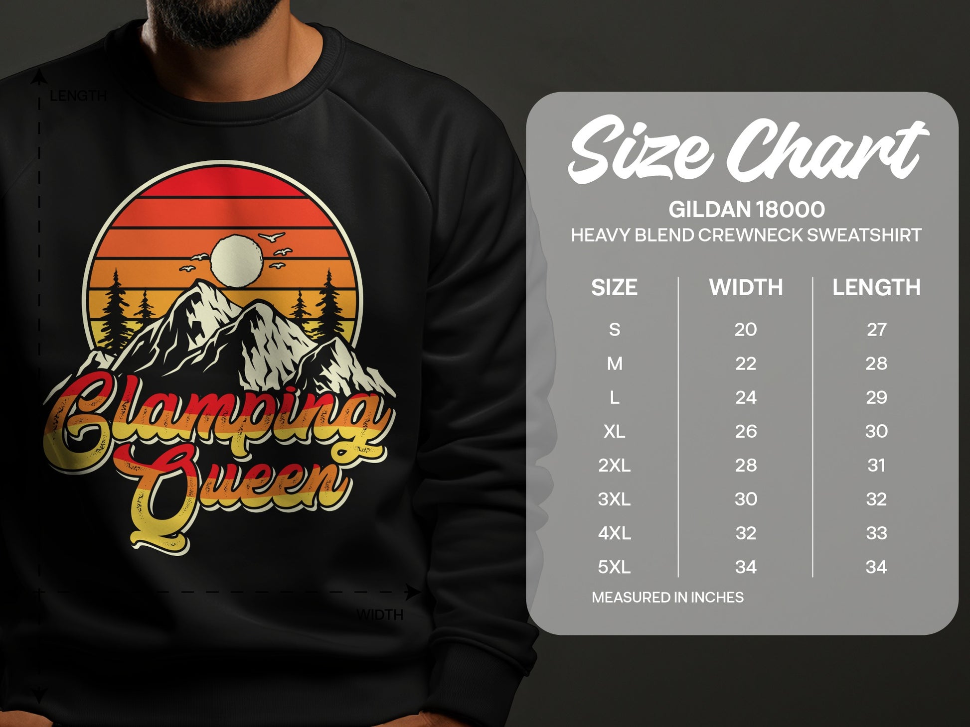 Glamping Queen sweatshirt graphic with size chart and garment measurements.