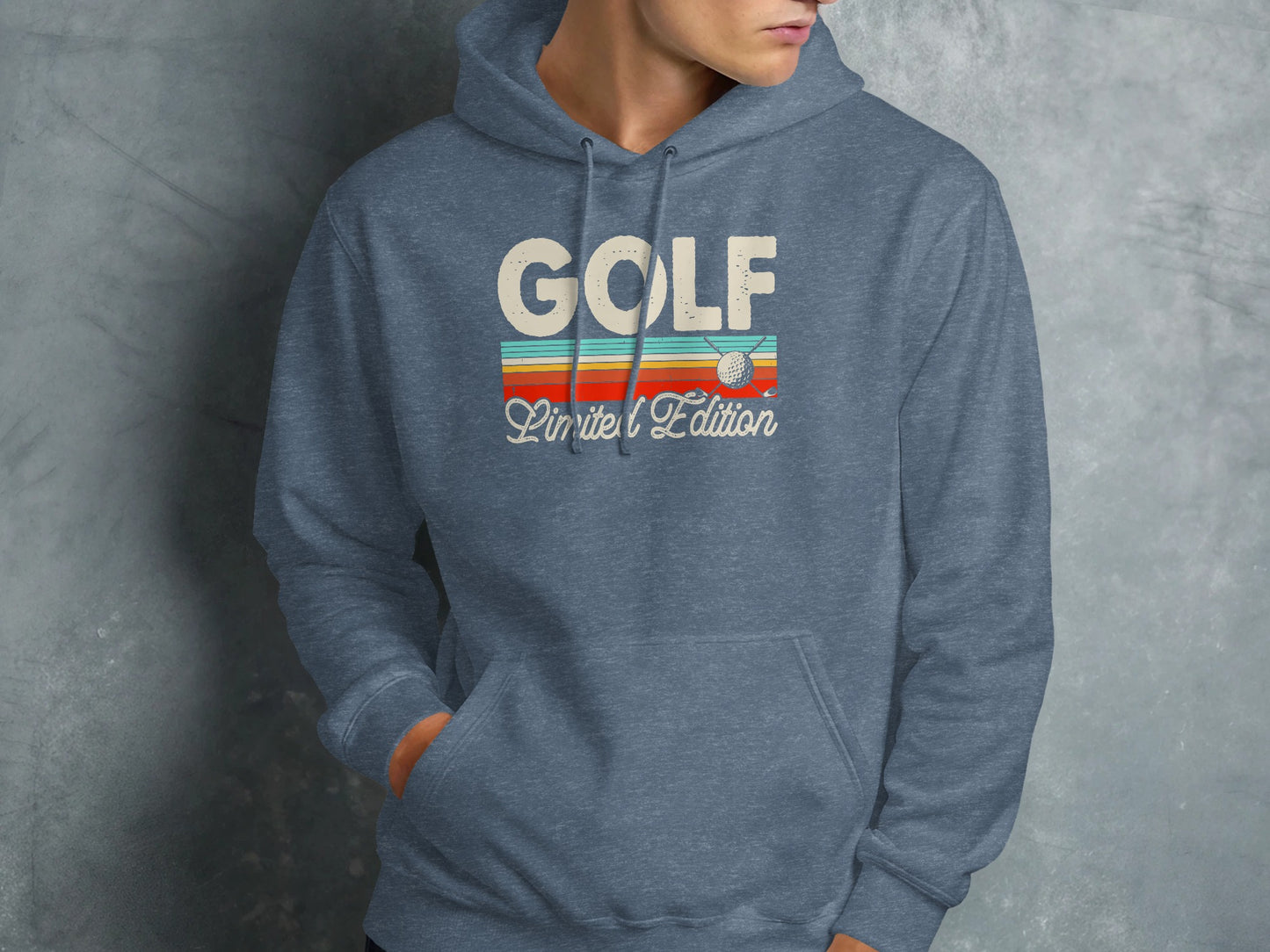 Blue hoodie with "GOLF Limited Edition" text and golf ball graphic.