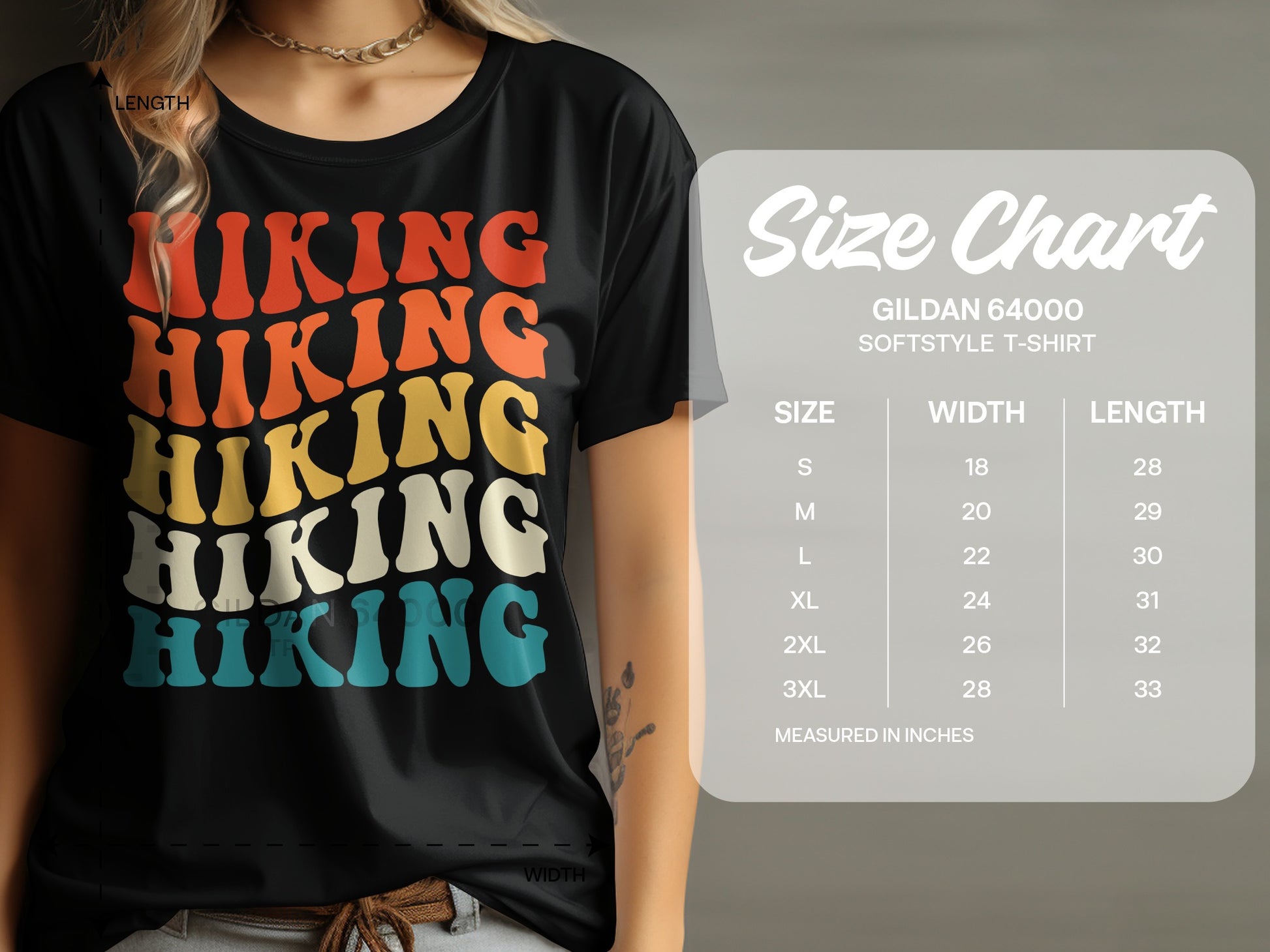 Black t-shirt with "HIKING" text and size chart for Gildan 64000 Softstyle t-shirt.