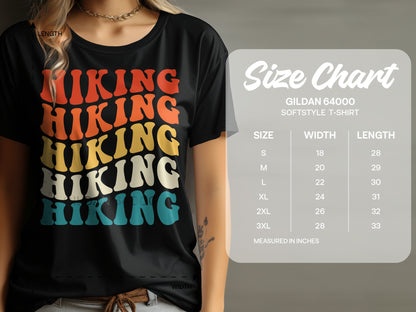 Black t-shirt with "HIKING" text and size chart for Gildan 64000 Softstyle t-shirt.