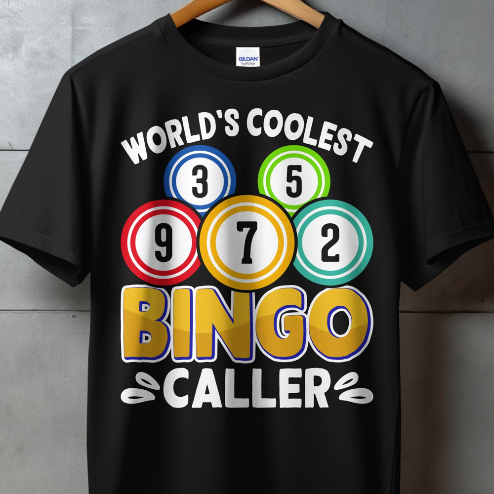 Black t-shirt with "World's Coolest Bingo Caller" and bingo balls.