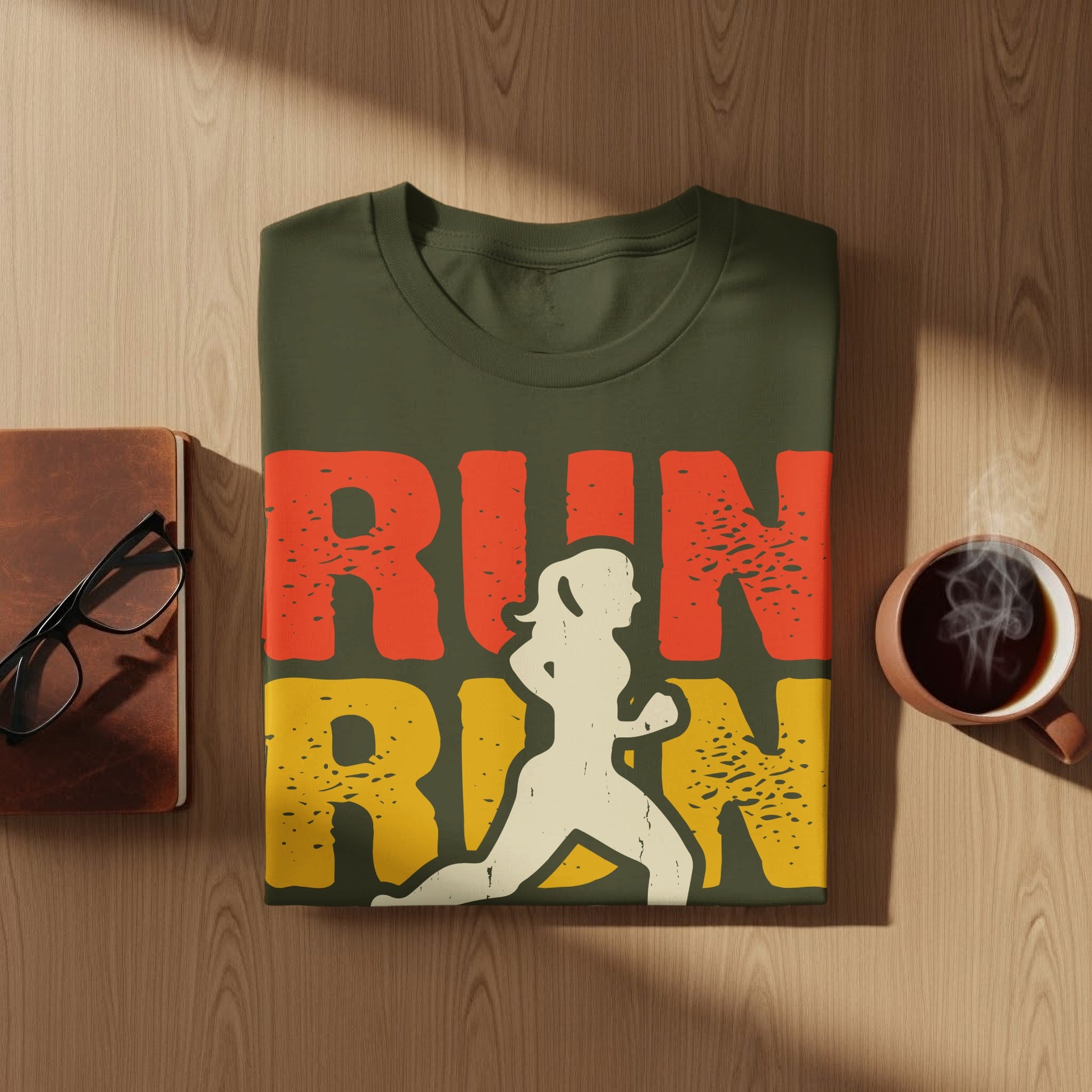 Green t-shirt with "RUN RUN" text and a runner graphic.
