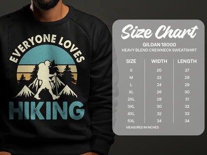 Gildan 18000 sweatshirt size chart with hiking graphic.