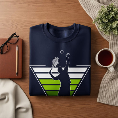 Navy sweatshirt with a tennis player silhouette graphic and green stripes.