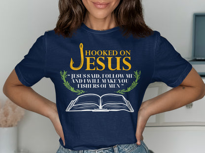 Navy t-shirt with "Hooked on Jesus" and Bible verse.