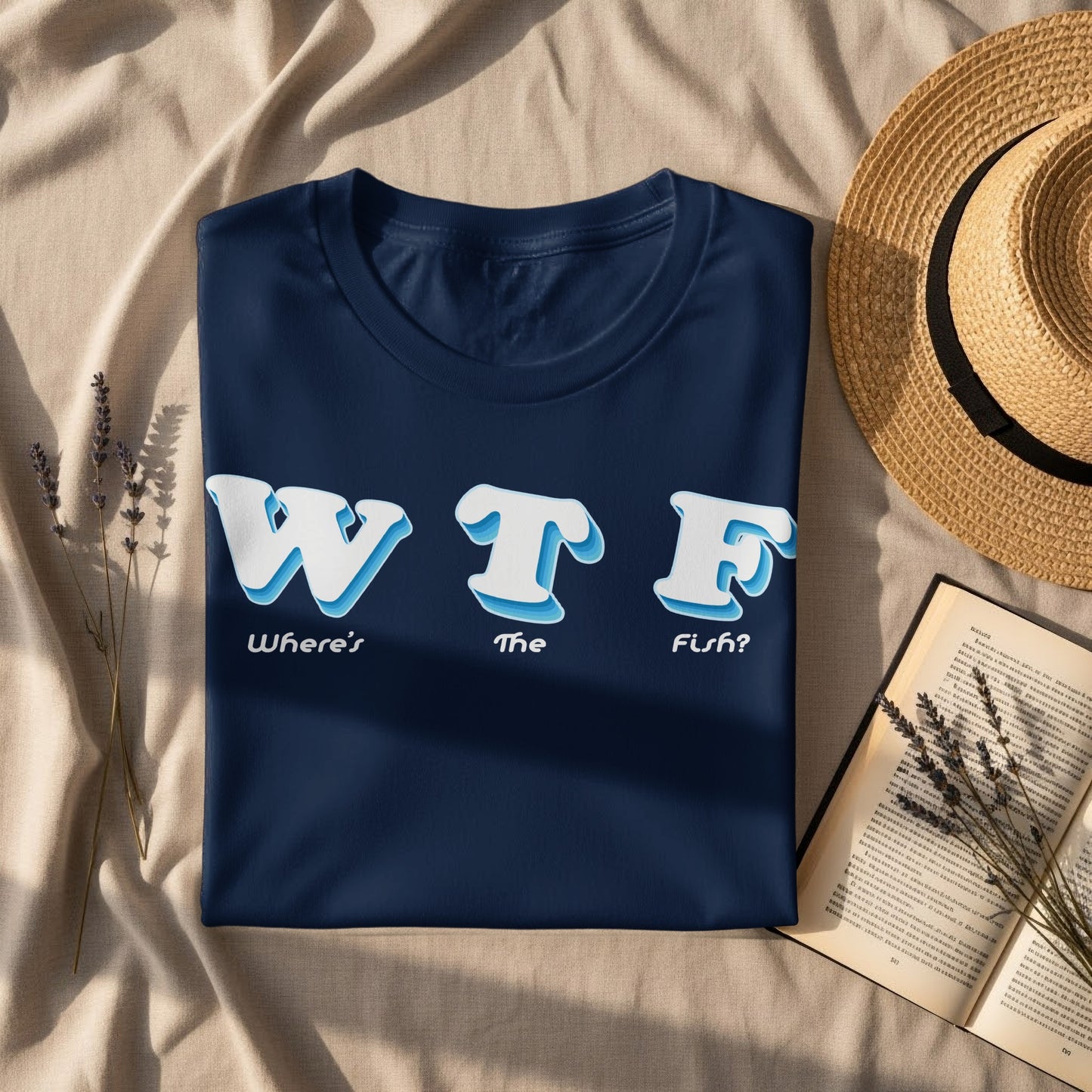 Navy t-shirt with "WTF Where's The Fish?" text.