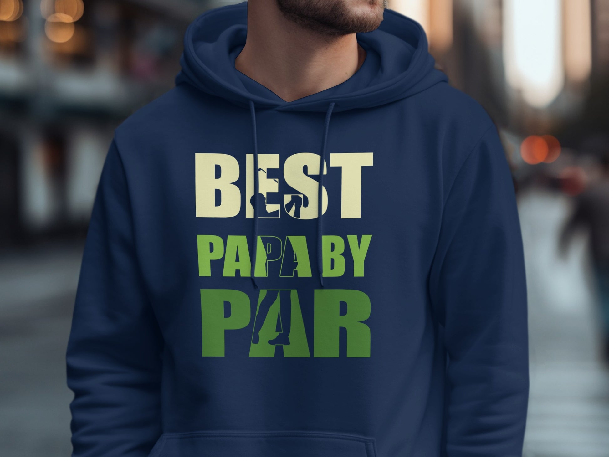 Navy hoodie with "BEST PAPA BY PAR" text and golf graphic.