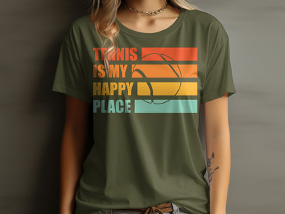 T-shirt with "Tennis is my happy place" text and a colorful tennis ball graphic.