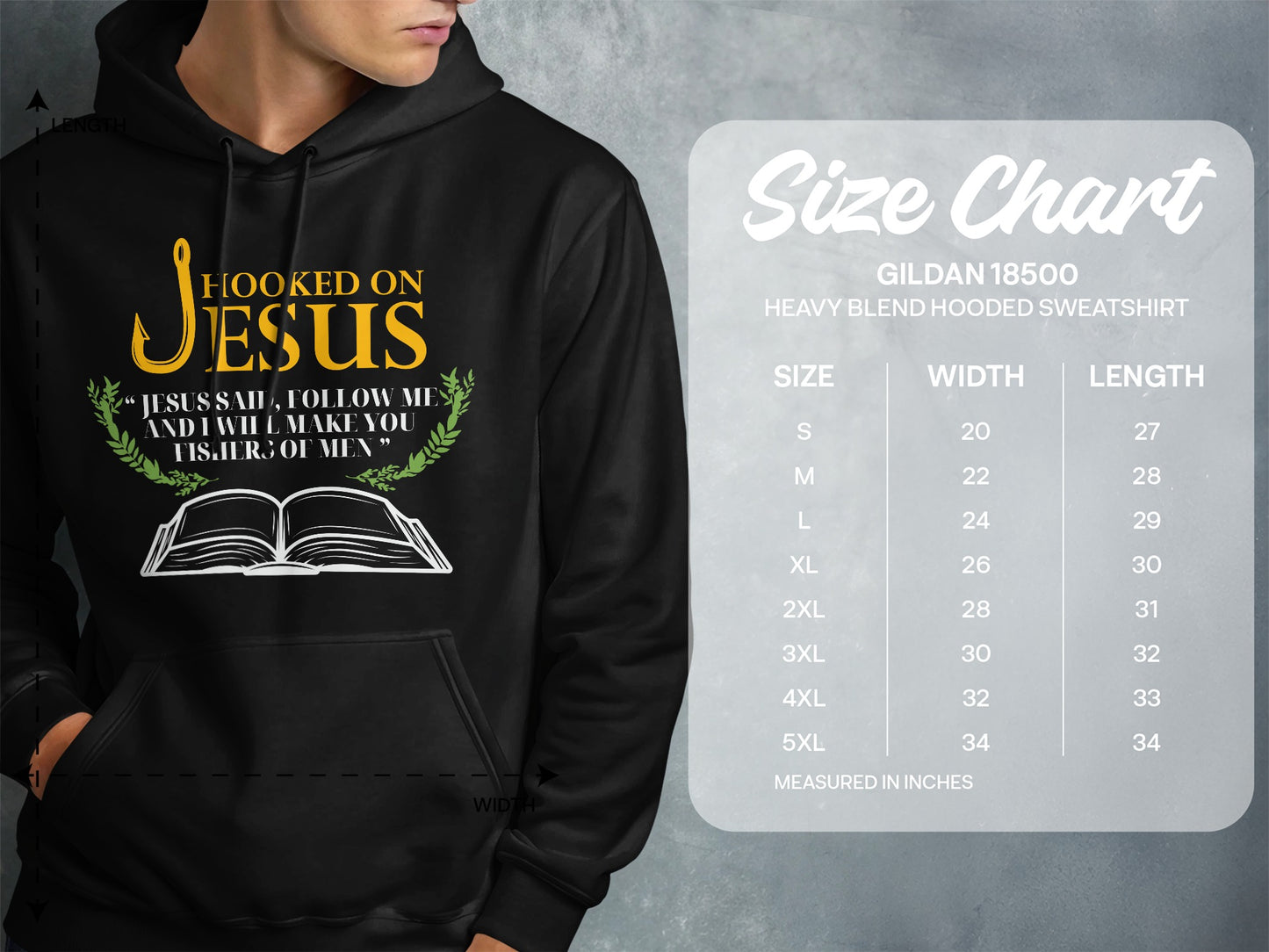 Hooded sweatshirt with "Hooked on Jesus" graphic and Bible verse size chart.