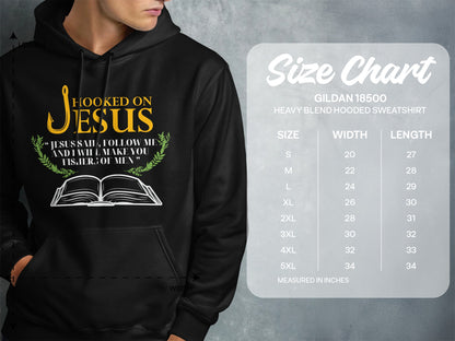Hooded sweatshirt with "Hooked on Jesus" graphic and Bible verse size chart.