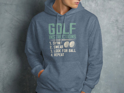 Blue hoodie with "GOLF INSTRUCTIONS" and golf ball graphics.