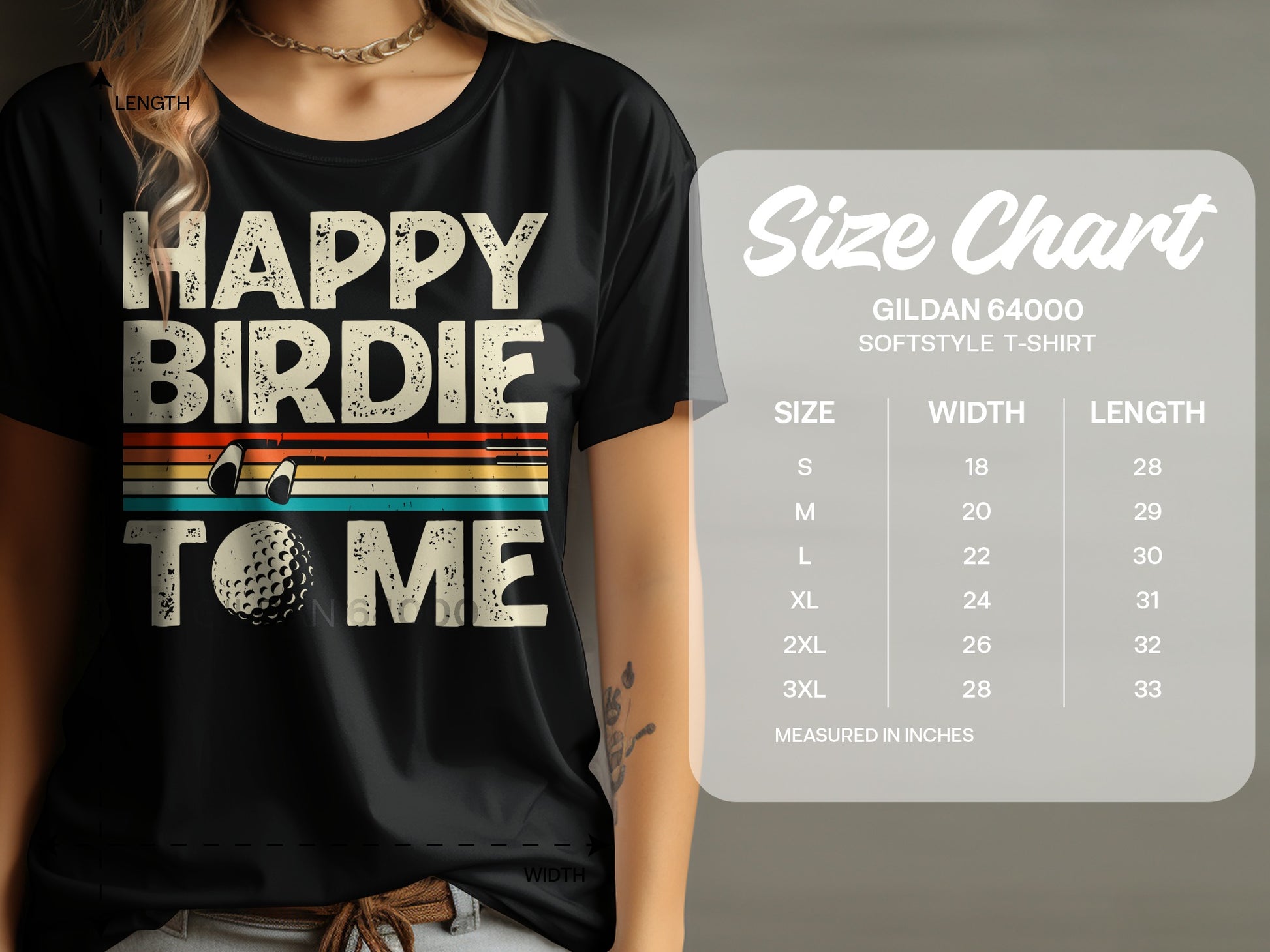 Black t-shirt with "Happy Birdie to Me" and golf ball graphic, next to size chart.