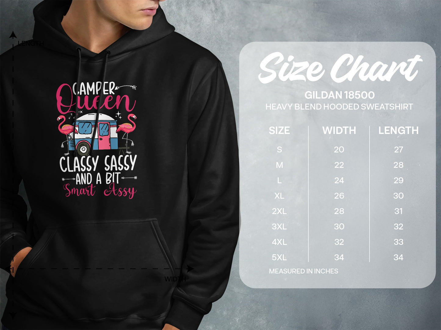 Size chart for Gildan 18500 hooded sweatshirt with garment measurements.