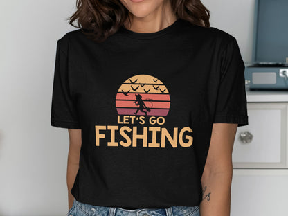 Black t-shirt with "Let's Go Fishing" text and fishing silhouette.