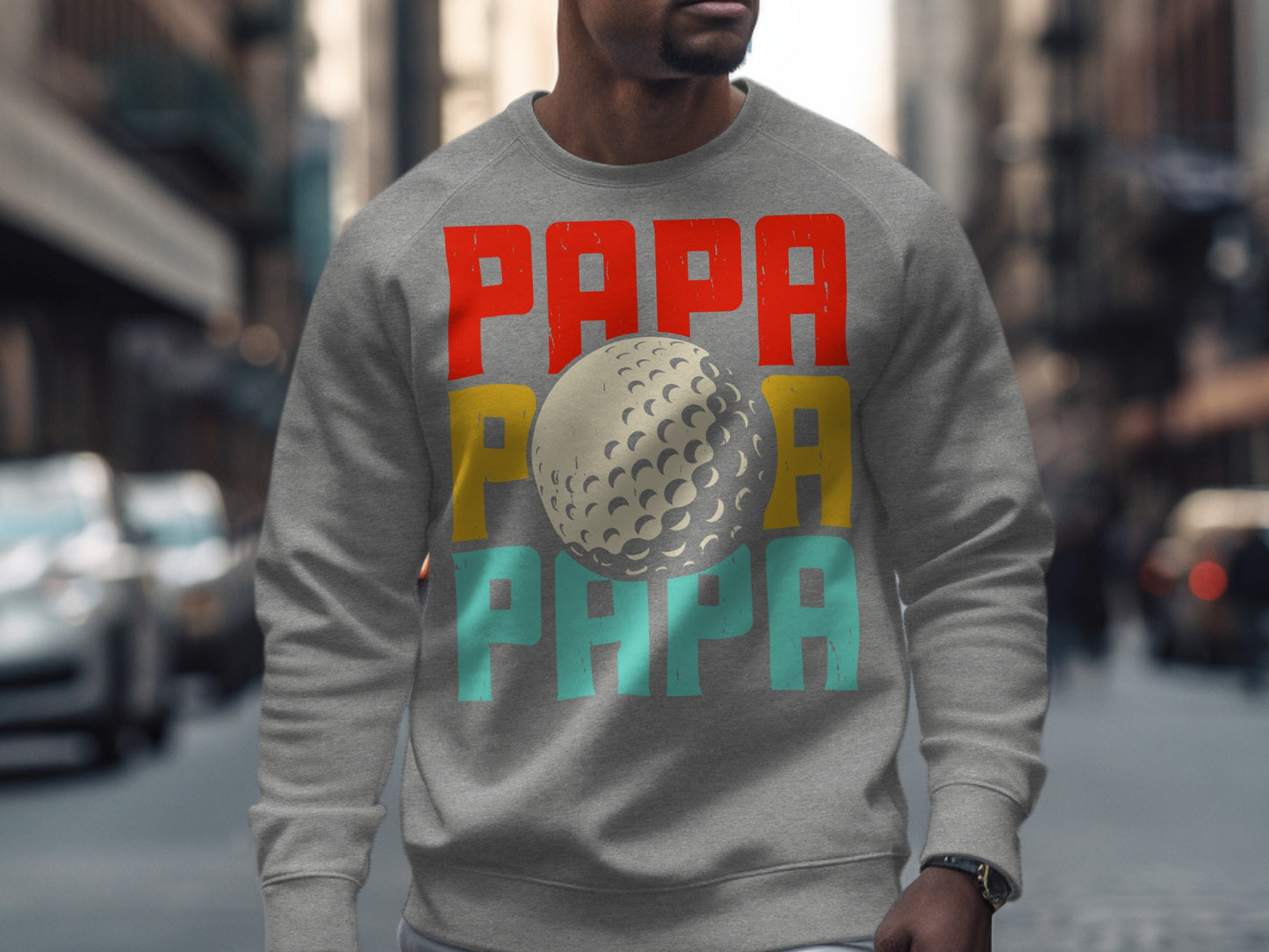 Grey sweatshirt with "Papa" text and a golf ball graphic.