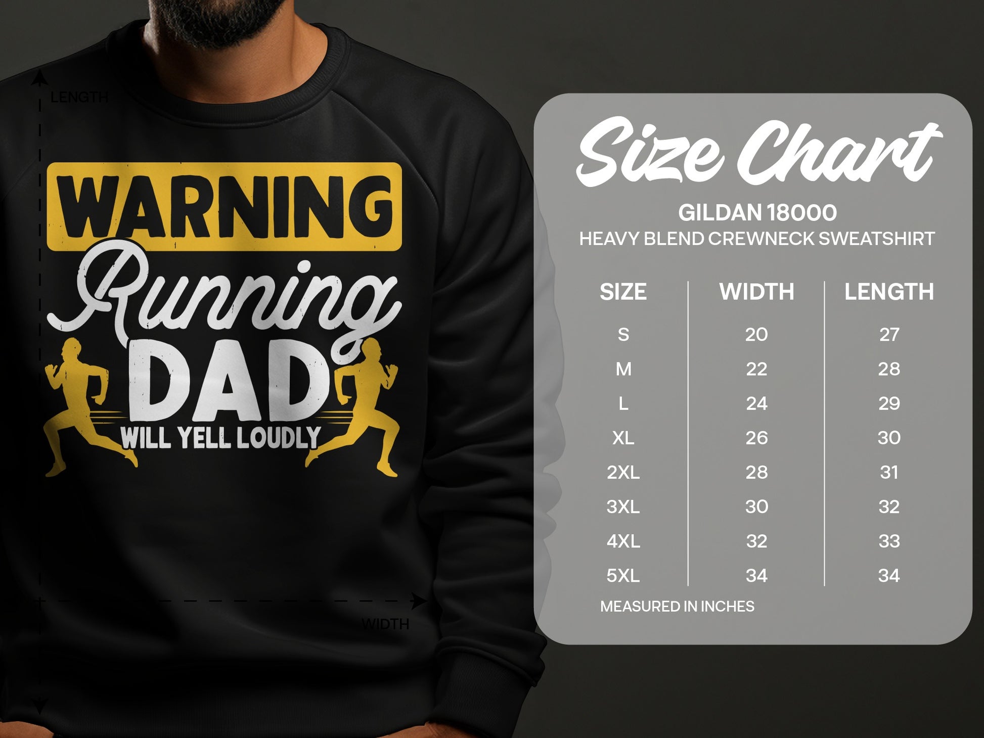 Black sweatshirt with "WARNING Running DAD WILL YELL LOUDLY" and a size chart.