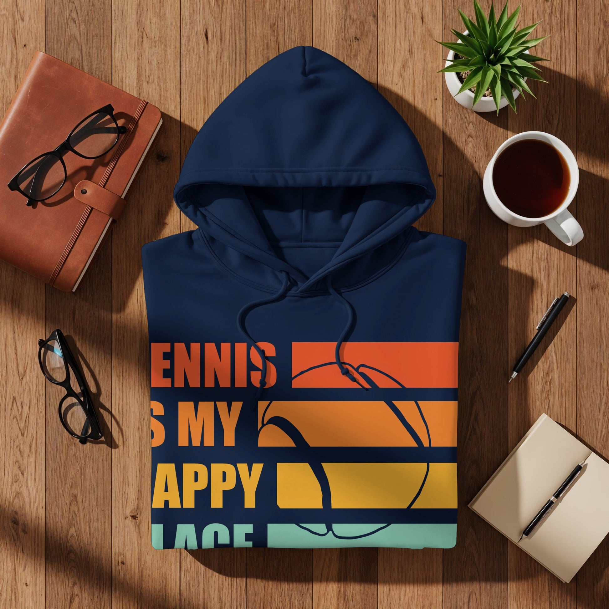 Navy hoodie with "Tennis is my happy place" text and basketball graphic.