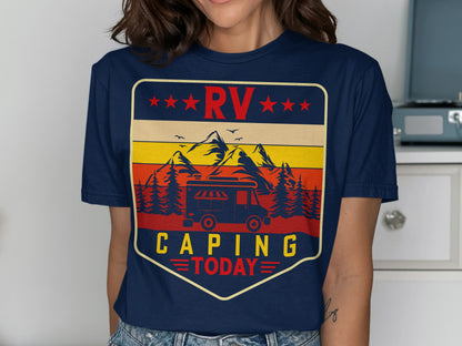 RV camping today graphic on a dark blue t-shirt.